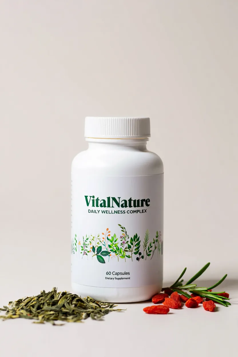 VitalNature supplement bottle with natural botanical ingredients displayed on a clean white surface